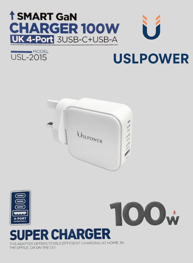 USLPOWER 100W GaN Power Adapter, 4-Port USB-C & USB-A PD Fast Charger, UK Plug Wall Charger for MacBook Pro/Air, iPhone 16/15, iPad, Samsung Galaxy, Laptops & Tablets - Image 3